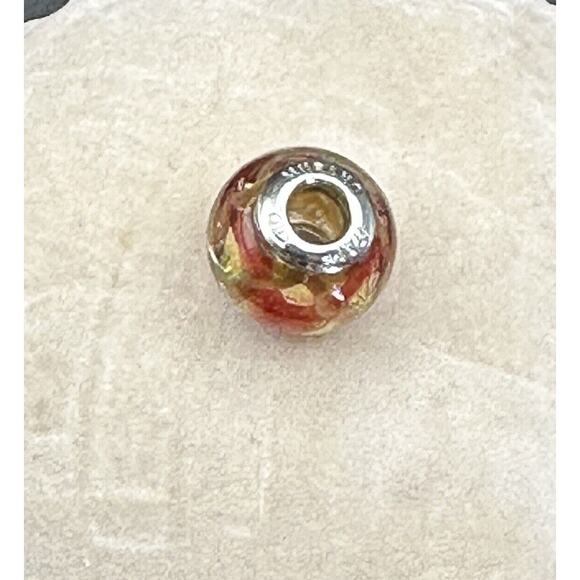 925 Sterling Murano Italy Glass Charm Bead Gold Swirl Orange Red - Picture 4 of 4